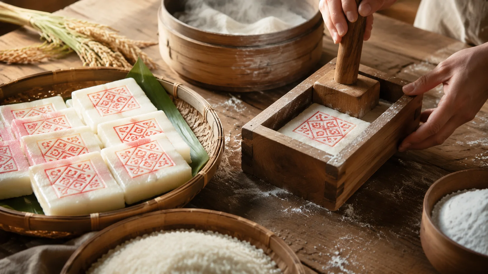 在木质糕模中制作梁弄大糕,竹匾内陈列带朱红吉纹的方糕